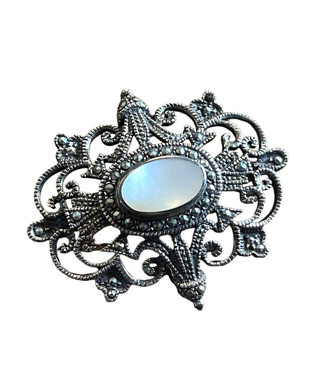 Vintage marcasite Mother of pearl brooch sterling silver 925 large statement