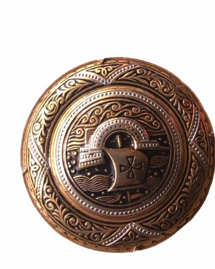 Vintage Damascene Spain viking brooch gold plated emameled