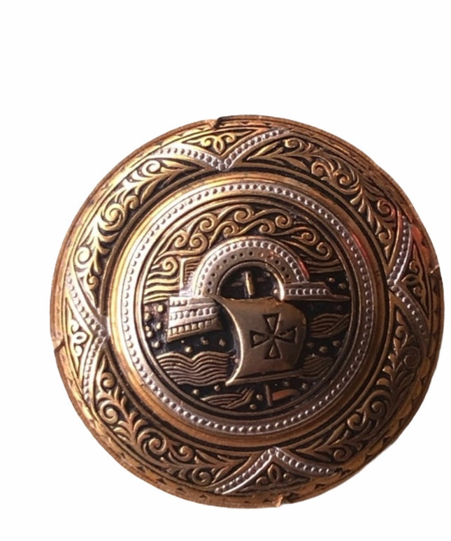 Vintage Damascene Spain viking brooch gold plated emameled