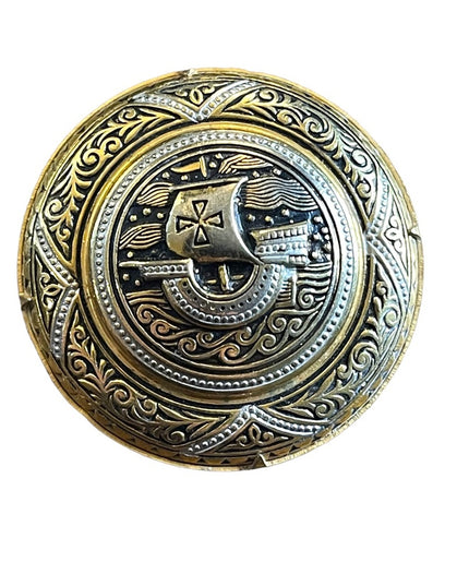 Vintage Damascene Spain viking brooch gold plated emameled