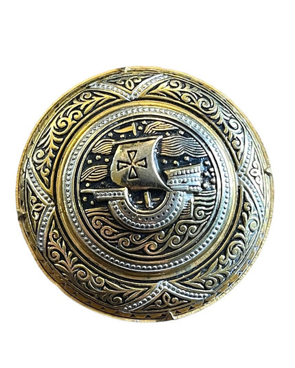 Vintage Damascene Spain viking brooch gold plated emameled