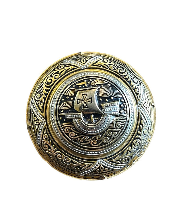 Vintage Damascene Spain viking brooch gold plated emameled