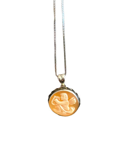 Vintage Italy sterling silver Shell cameo cherub Angel playing harp necklace