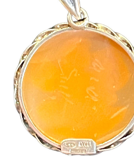 Vintage Italy sterling silver Shell cameo cherub Angel playing harp necklace