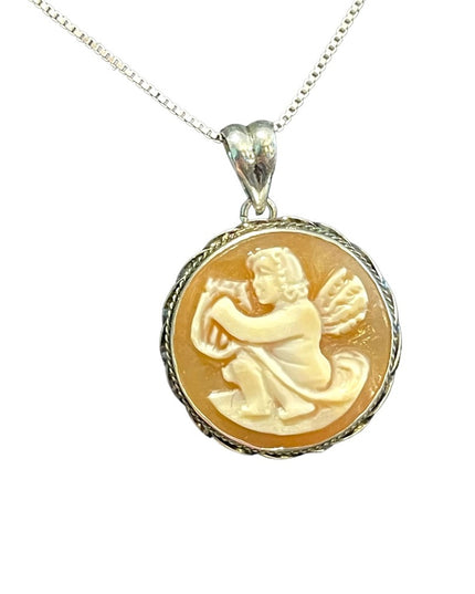 Vintage Italy sterling silver Shell cameo cherub Angel playing harp necklace