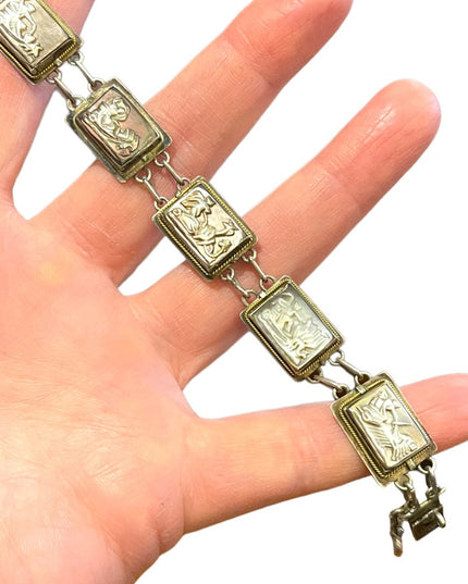 Vintage Sterling silver 925  abalone shell Cameo story book Roman Bracelet