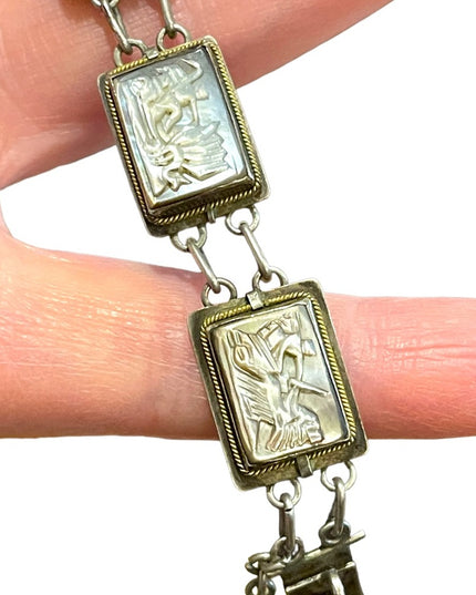 Vintage Sterling silver 925  abalone shell Cameo story book Roman Bracelet