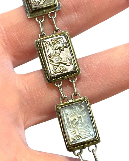 Vintage Sterling silver 925  abalone shell Cameo story book Roman Bracelet