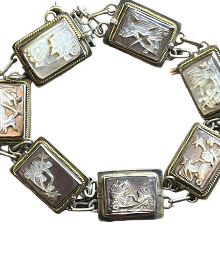 Vintage Sterling silver 925  abalone shell Cameo story book Roman Bracelet