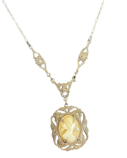 Antique Victorian Sterling Silver Lavalier Shell Cameo necklace