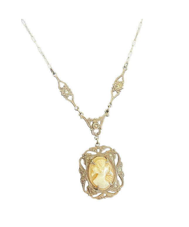 Antique Victorian Sterling Silver Lavalier Shell Cameo necklace