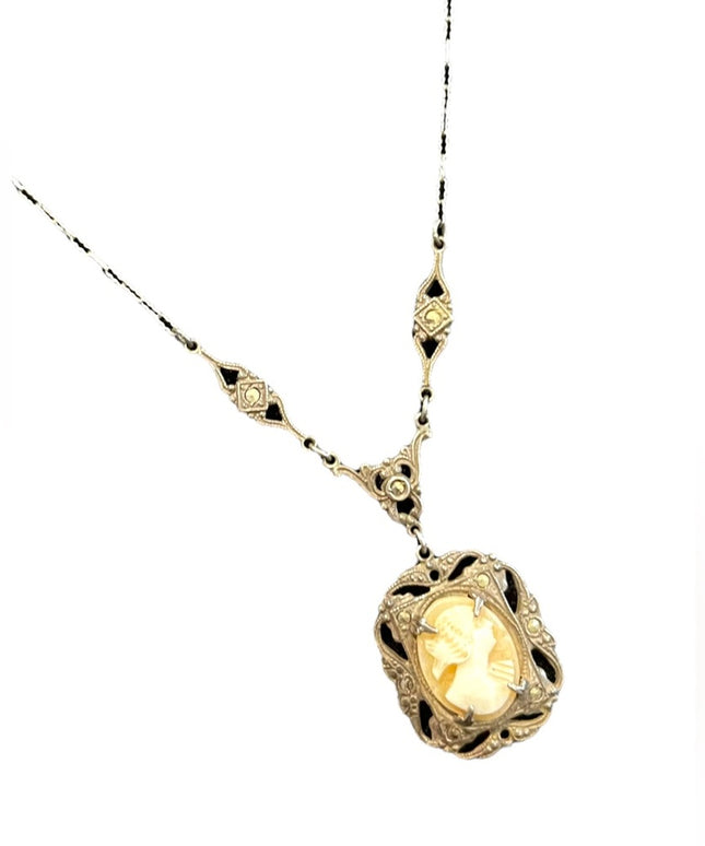 Antique Victorian Sterling Silver Lavalier Shell Cameo necklace