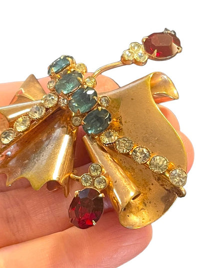 Antique Art Deco copper Rhinestone Paste glass crystal BOW fan brooch pendant