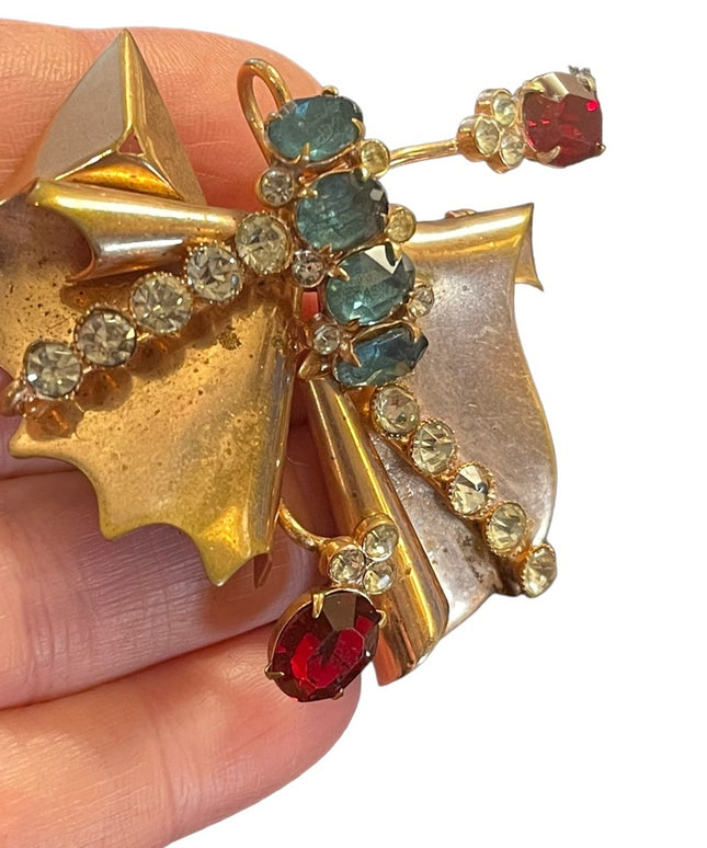 Antique Art Deco copper Rhinestone Paste glass crystal BOW fan brooch pendant