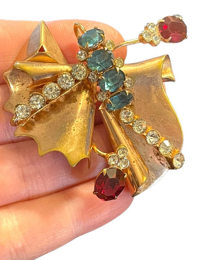 Antique Art Deco copper Rhinestone Paste glass crystal BOW fan brooch pendant
