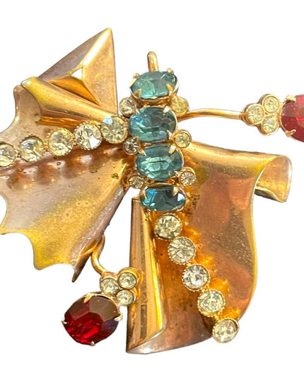 Antique Art Deco copper Rhinestone Paste glass crystal BOW fan brooch pendant