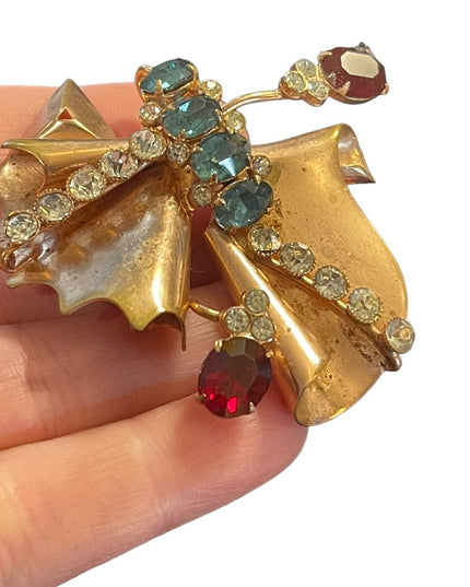 Antique Art Deco copper Rhinestone Paste glass crystal BOW fan brooch pendant
