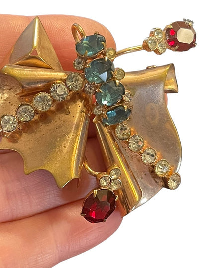 Antique Art Deco copper Rhinestone Paste glass crystal BOW fan brooch pendant