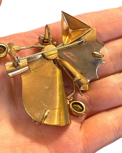 Antique Art Deco copper Rhinestone Paste glass crystal BOW fan brooch pendant
