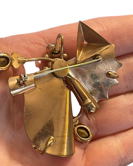 Antique Art Deco copper Rhinestone Paste glass crystal BOW fan brooch pendant