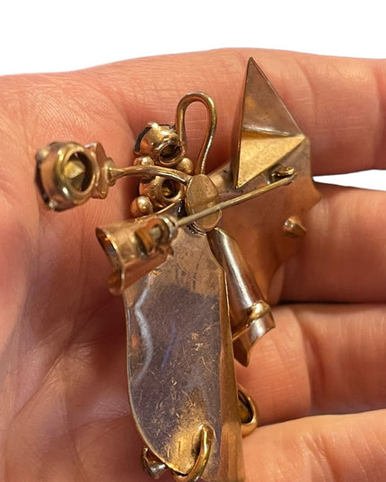 Antique Art Deco copper Rhinestone Paste glass crystal BOW fan brooch pendant