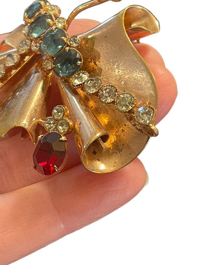 Antique Art Deco copper Rhinestone Paste glass crystal BOW fan brooch pendant