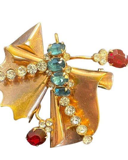 Antique Art Deco copper Rhinestone Paste glass crystal BOW fan brooch pendant