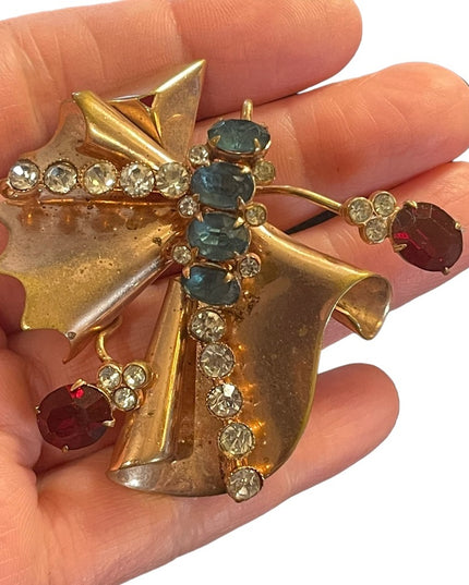 Antique Art Deco copper Rhinestone Paste glass crystal BOW fan brooch pendant