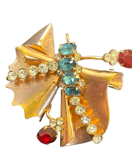 Antique Art Deco copper Rhinestone Paste glass crystal BOW fan brooch pendant