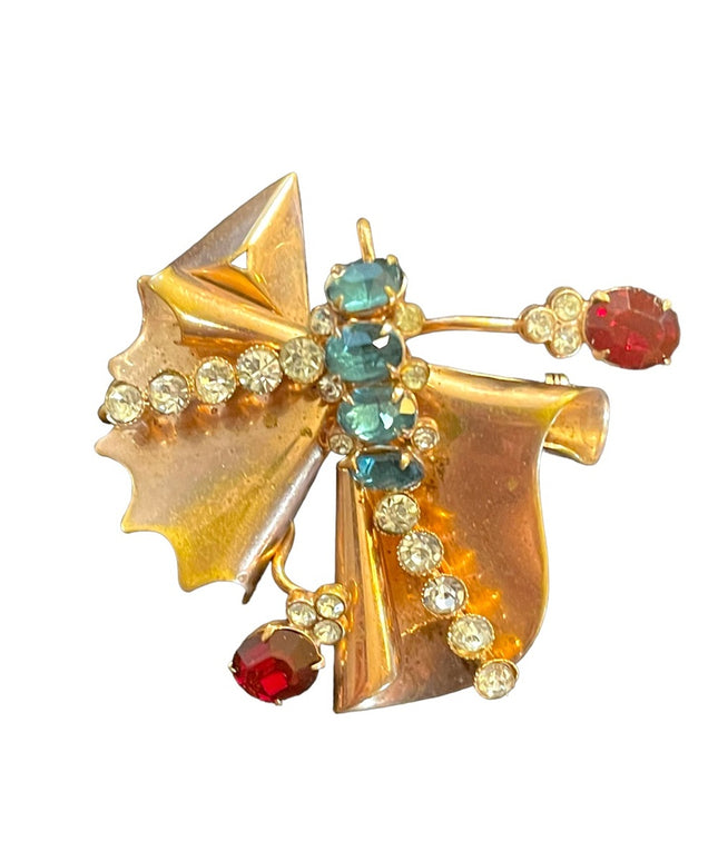 Antique Art Deco copper Rhinestone Paste glass crystal BOW fan brooch pendant