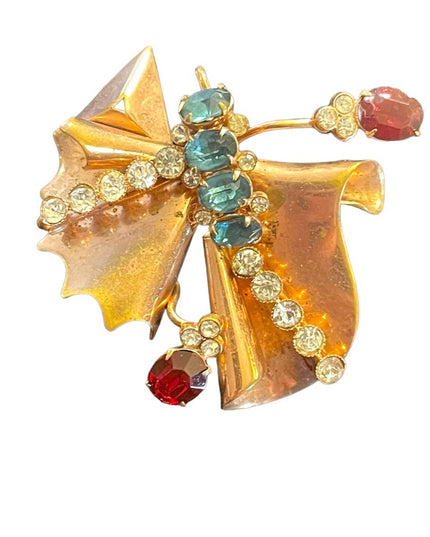 Antique Art Deco copper Rhinestone Paste glass crystal BOW fan brooch pendant