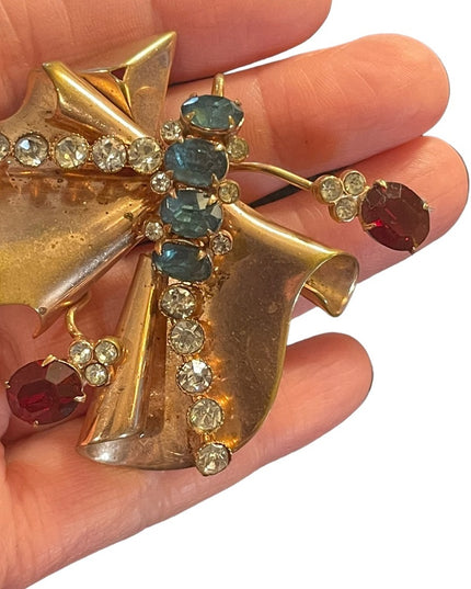 Antique Art Deco copper Rhinestone Paste glass crystal BOW fan brooch pendant