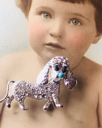 Vintage silver finish crystal rhinestone dog brooch poodle
