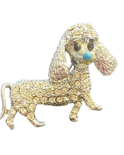 Vintage silver finish crystal rhinestone dog brooch poodle