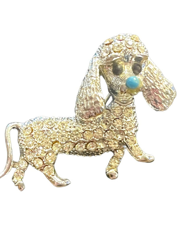 Vintage silver finish crystal rhinestone dog brooch poodle