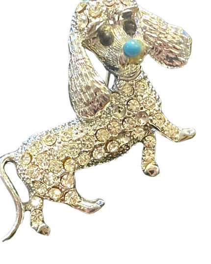 Vintage silver finish crystal rhinestone dog brooch poodle