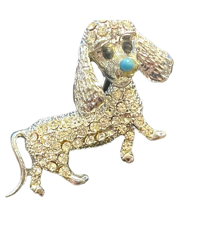 Vintage silver finish crystal rhinestone dog brooch poodle