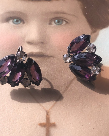 Vintage 1940s  sterling silver 925 purple paste glass crystal earrings