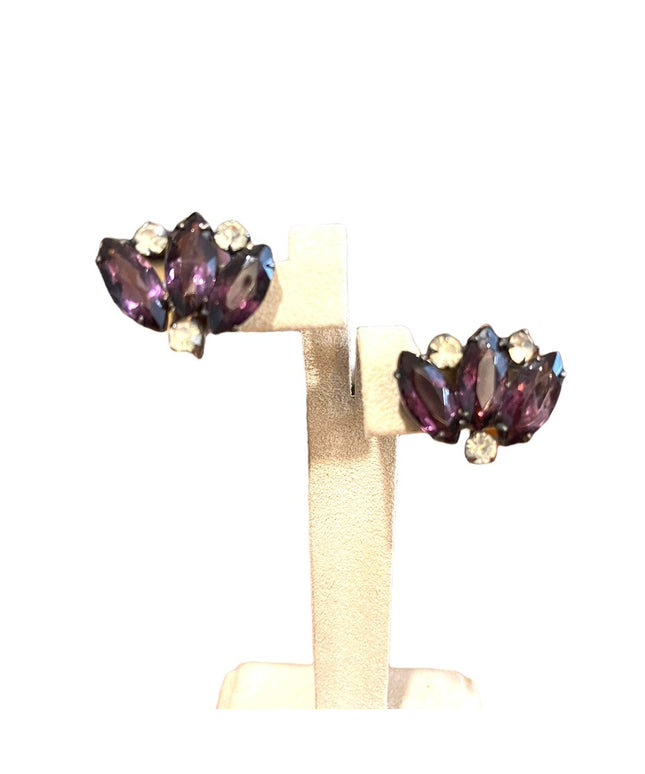 Vintage 1940s  sterling silver 925 purple paste glass crystal earrings