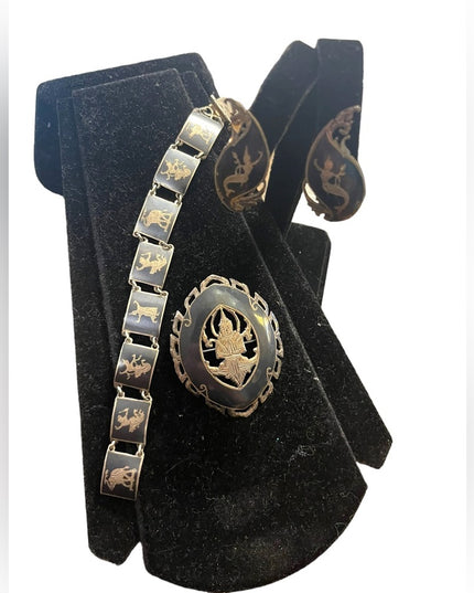 Vintage 1940s Sterling silver SIAM Goddess SET Brooch bracelet earrings enamel