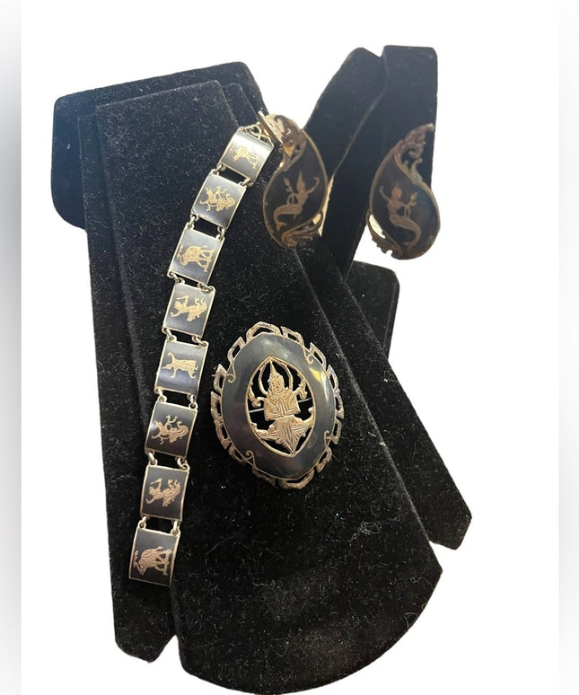 Vintage 1940s Sterling silver SIAM Goddess SET Brooch bracelet earrings enamel