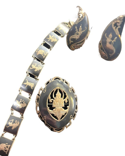 Vintage 1940s Sterling silver SIAM Goddess SET Brooch bracelet earrings enamel