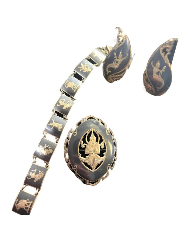 Vintage 1940s Sterling silver SIAM Goddess SET Brooch bracelet earrings enamel
