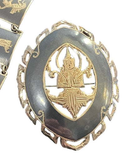 Vintage 1940s Sterling silver SIAM Goddess SET Brooch bracelet earrings enamel