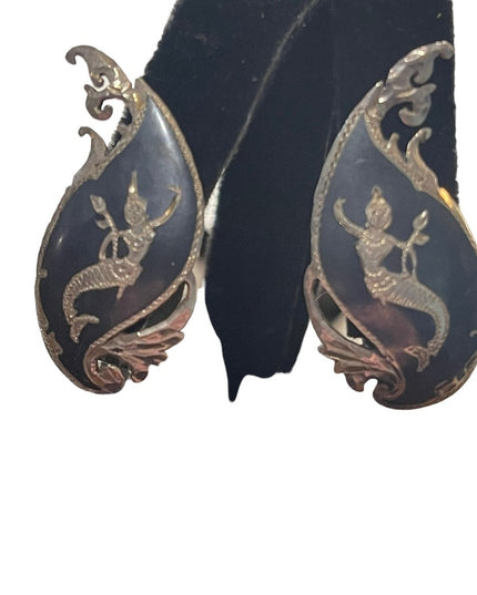 Vintage 1940s Sterling silver SIAM Goddess SET Brooch bracelet earrings enamel