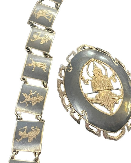 Vintage 1940s Sterling silver SIAM Goddess SET Brooch bracelet earrings enamel