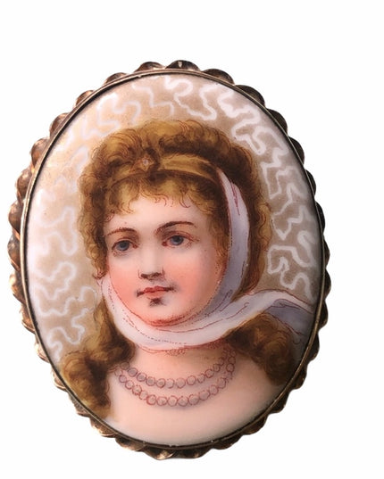 Antique hand painted Gold filled GF Brooch Cameo lady with hat