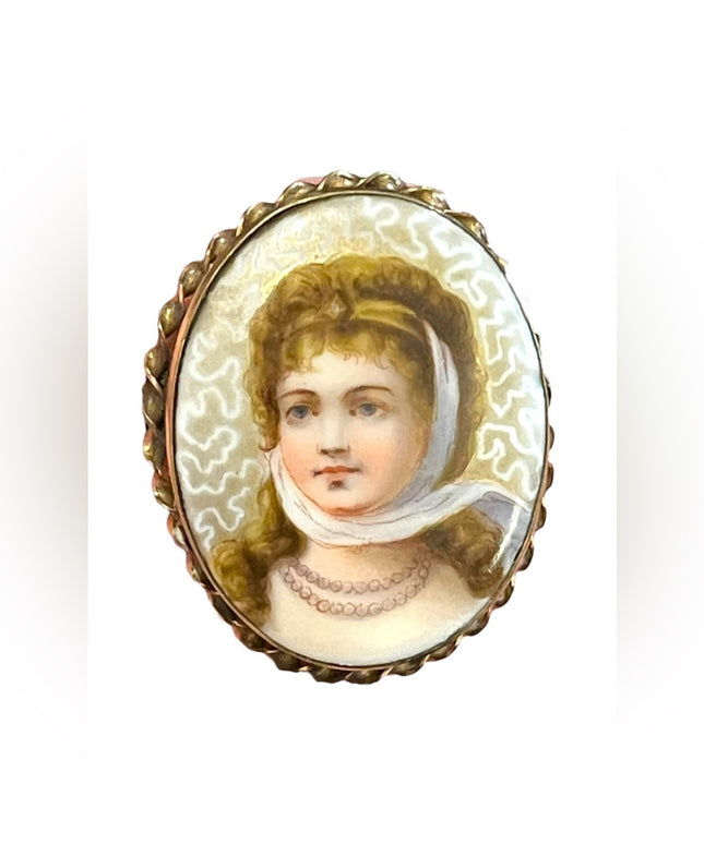 Antique hand painted Gold filled GF Brooch Cameo lady with hat