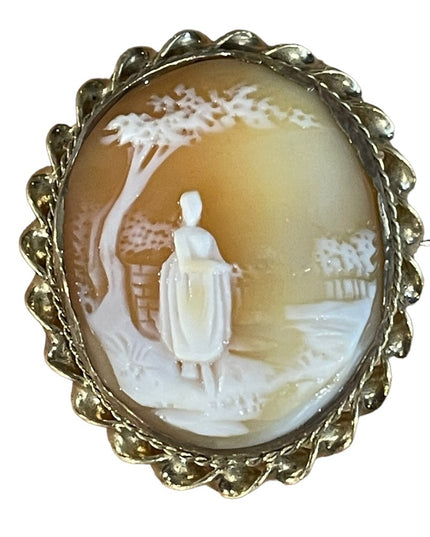 Antique Gold filled Brooch carved shell CAMEO Victorian Lady under tree