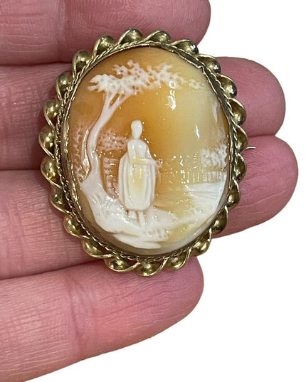 Antique Gold filled Brooch carved shell CAMEO Victorian Lady under tree